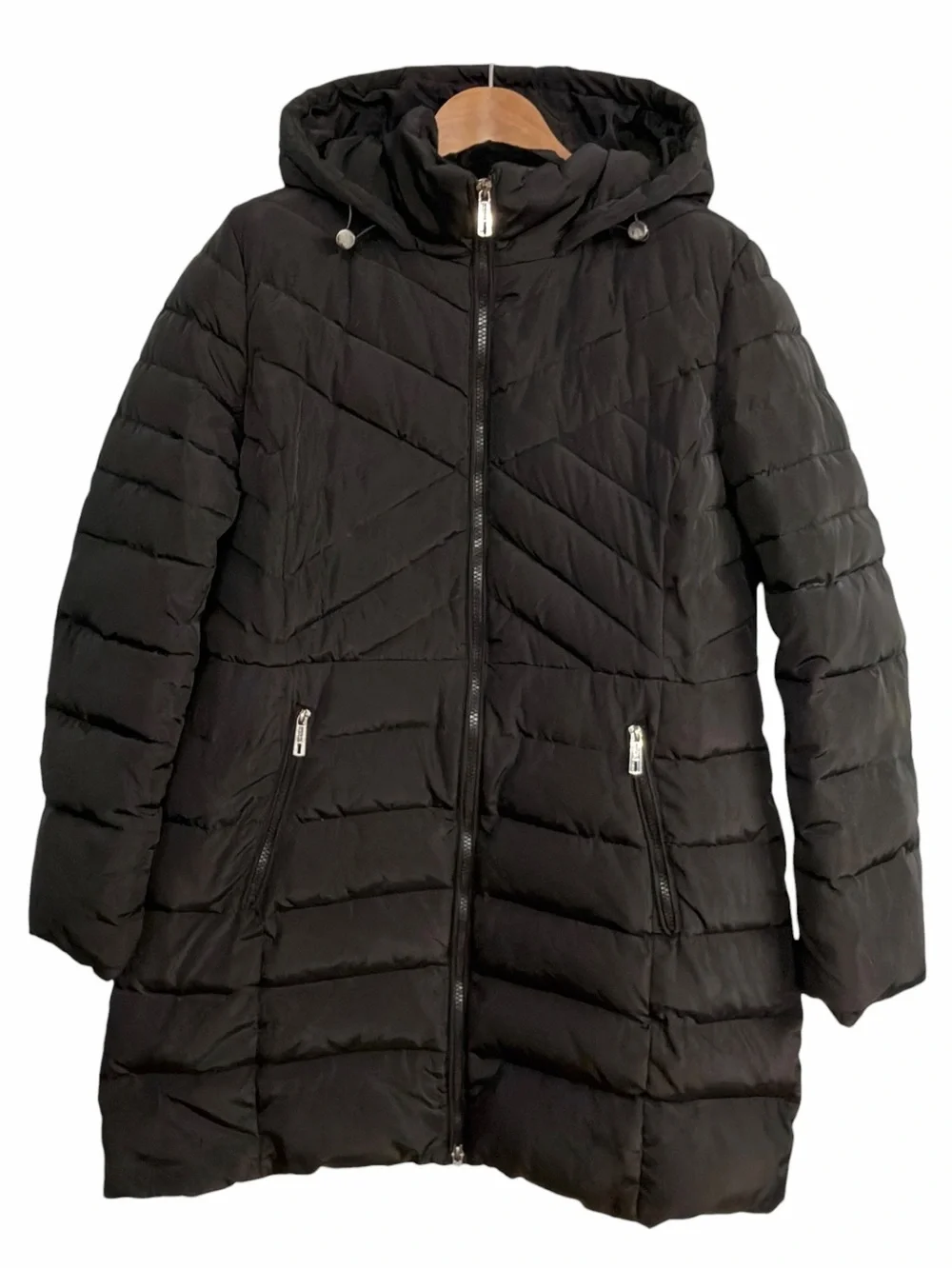 Kenneth Cole Reaction Black Hooded Long Puffer Coat Quilted Zip Jacket Large